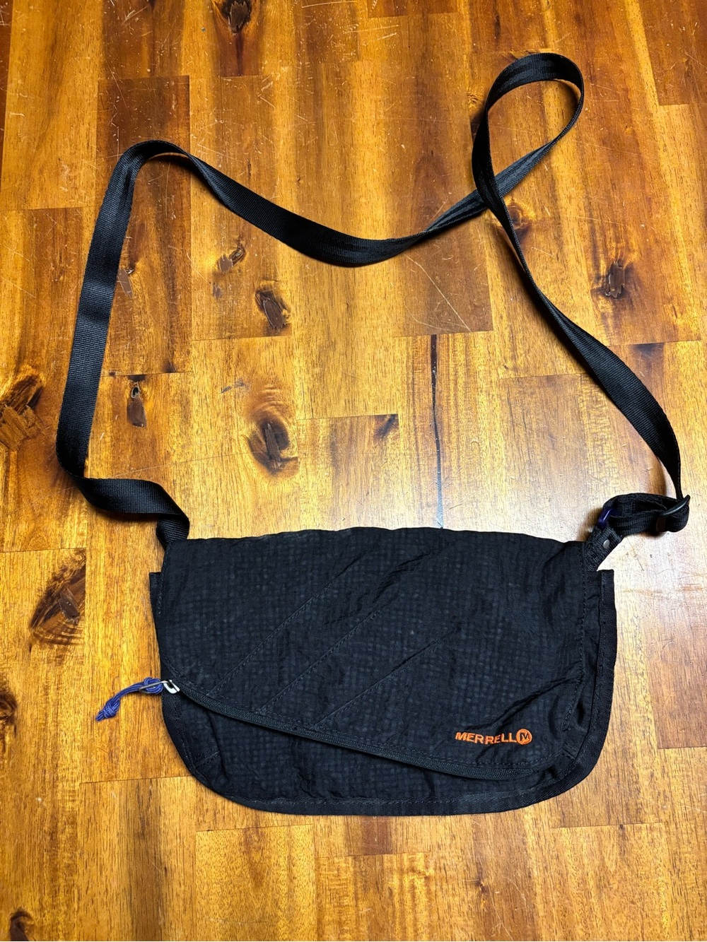 Merrell Black Messenger Crossbody Bag with Orange Logo Accent
